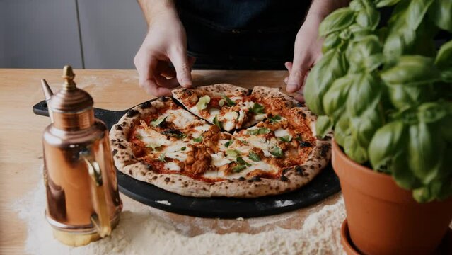 Young Chef Grabbing A Slice Of Homemade Sourdough Vegan Bbq Chicken Pizza Baked In A Gas-fired Pizza Oven.