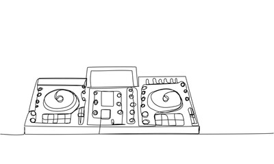 Dj console, keyboard one line art. Continuous line drawing of disc, professional, nightlife, techno, vinyl, dj, music, mixer, console, party, turntable, dance, disco, volume, record, control, mix