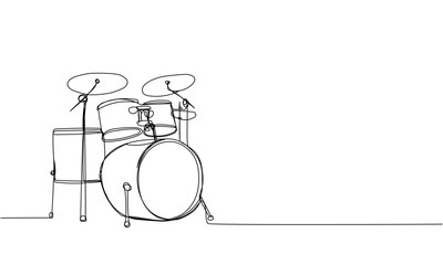 Drum kit one line art. Continuous line drawing of play, drum, drumstick, kit, stick, music, performer, song, vintage, rock, instrument, band, percussion, sound, bass, musician.