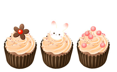 カップケーキ3種 オレンジクリーム コピースペース有 白背景 イラスト素材 色違い・差分あり