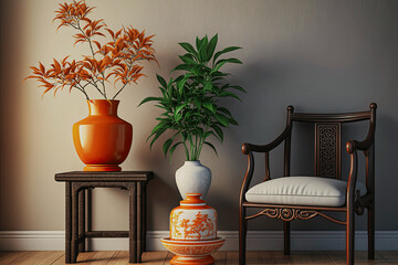 asian interior design. An antique chinese wooden chair and side table with lucky orange plants in a pot as a tradition new year decoration in a zen style living room - Generative AI