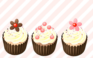 カップケーキ3種 バタークリーム コピースペース有 ストライプ背景 イラスト素材 色違い・差分あり