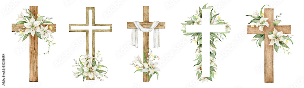 Wall mural a set of christian crosses made of green leaves and white lily flowers. watercolor illustration for 