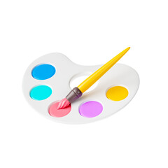 Colour palette and paintbrush on isolated white background, student and education icon. 3d render illustration