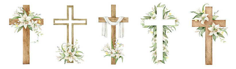 A set of Christian crosses made of green leaves and white lily flowers. Watercolor illustration for Easter, Epiphany, Christening, invitations, postcards, packaging. - 580318699