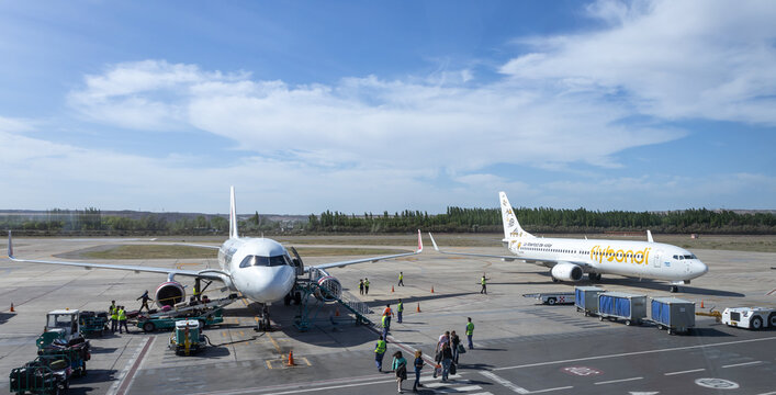 Neuquen, Argentina, October 2, 2022. Jetsmart and Flybondy aircraft at an airport in western Argentina.