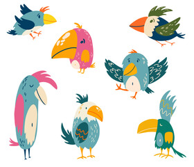 Cartoon tropical parrots set. Cute children's vector illustration for printing, postcards and prints