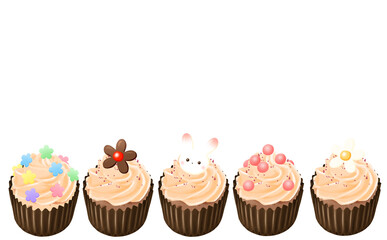 カップケーキ5種 オレンジクリーム コピースペース有 白背景 イラスト素材 色違い・差分あり