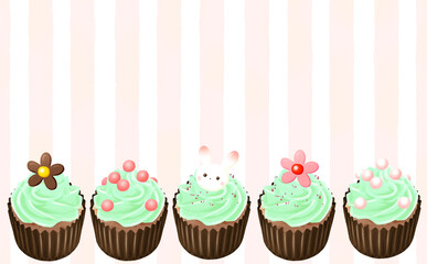 カップケーキ5種 クリーム コピースペース有 ストライプ背景 イラスト素材 色違い・差分あり