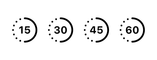 Time passage icon, timer icon, deadline watch sign button, 60, 45, 30, 15 minutes or seconds icon - Clock Stopwatch icons