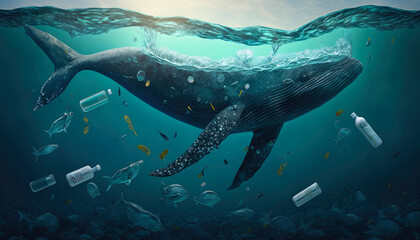 Naklejka premium Illustration of a whale swimming in a sea of garbage and pollution created with Generative AI technology