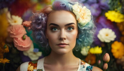 Obraz premium smiling cheerful woman surrounded by flowers in spring