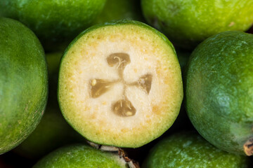 Delicious sweet and sour green feijoa on the table