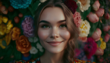 Fototapeta na wymiar smiling cheerful woman surrounded by flowers in spring