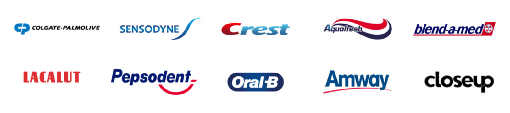 Toothpaste logos. The most popular toothpaste brands in the world. Top 10. Colgate-palmolive, Sensodyne, Crest, Aquafresh, Blend-a-met. VINNITSA, UKRAINE - MARCH 10, 2022