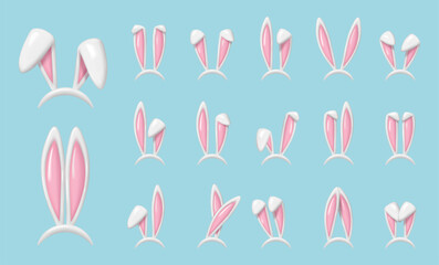 Rabbit ears realistic 3d vector illustrations set. Easter bunny ears plastic kid headband, mask collection.