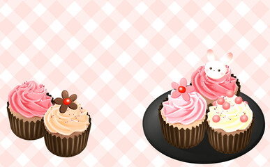 黒い皿に乗ったカップケーキ ストロベリークリーム チェック背景 色違い・差分あり イラスト素材