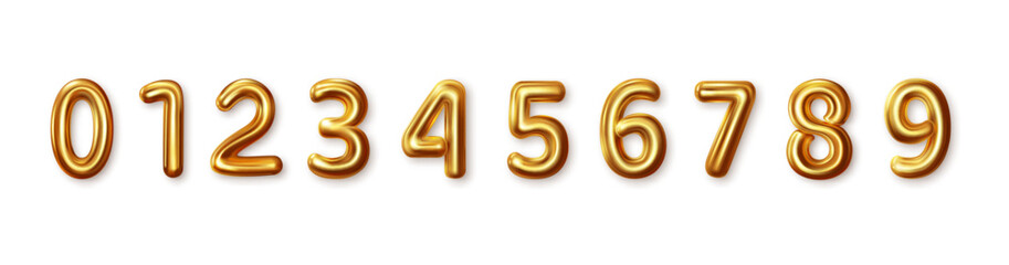 Set of gold isolated numbers. Gold metallic number 1 2 3 4 5 6 7 8 9 0. Bright metallic 3D, realistic. Vector