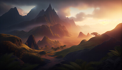 Beautiful landscape with high mountains and lagoon water with sunlight golden sunrise, nature, Generative AI