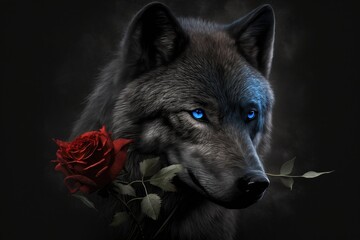 a black wolf with a blue rose. Generative AI