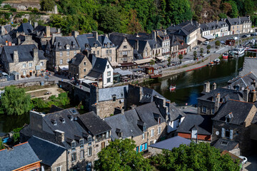 Fototapeta na wymiar Breton Village Dinan With Half-Timbered Houses And River La Rance In Department Ille et Vilaine In Brittany, France
