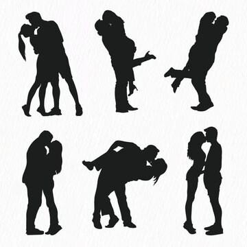 Vector silhouettes set of romantic couple kissing each other isolated on white background