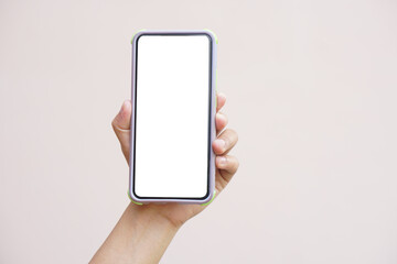 phone in human hand white screen