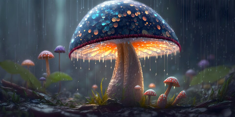 Fototapeta premium Fantasy mushroom in the dark forest. 3D rendering. Computer digital drawing. Fairy mushroom. Mushrooms in the forest with raindrops. Generative AI technology.