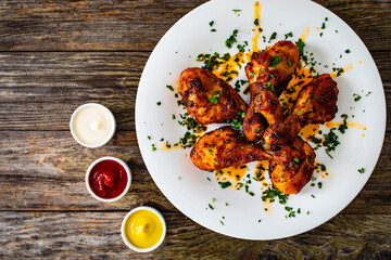 Barbecue chicken drumsticks with French fries on wooden table
