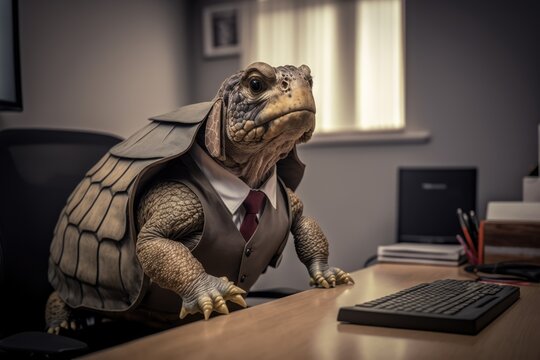 Tortoise in a suit, working on a desk in office - Generative AI