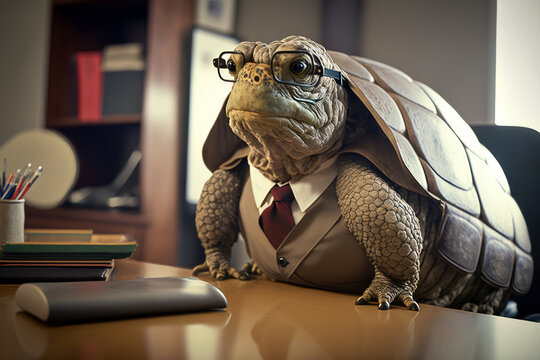Tortoise with glasses and suit working on a desk in office - Generative AI