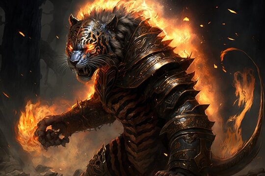 Angry tiger warrior with fire power and wearing golden armor, generative ai