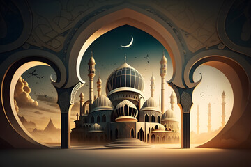Fototapeta premium illustration of amazing architecture design of muslim mosque ramadan concept made with Generative AI