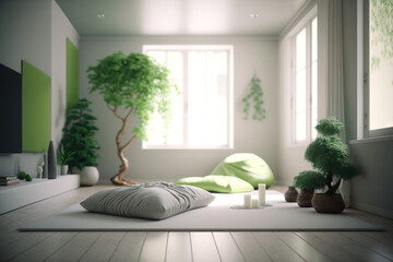 Meditation space: Green interior with bonsai, and other meditation equipment in the spring | Generative AI Production
