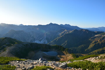 鷲羽岳の朝（鷲羽池越しに望む槍ヶ岳）