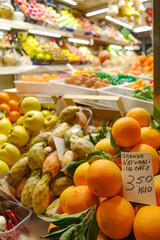 Bologna, Italy - 16 Nov, 2022: Fresh fruit and vegetables on sale in the Mercado delle Erbe