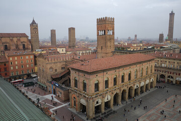 Bologna, Italy - 16 Nov, 2022: Cityscape views over the towers and rooftops of Bologna