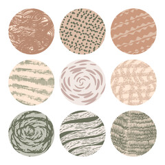 Hand-drawn set of round abstract doodles. Lines, curves, cells, doodles. Modern fashion vector illustration. For graphic design, wallpaper, packaging, poster, social media icons template