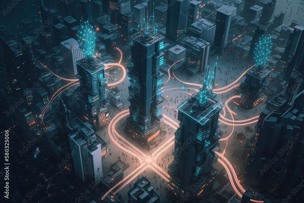 Poster wireless network in a smart metropolis. concept for communication technologies in the future. genera