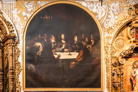 Seville, Spain - March 11, 2023: Painting named La Ultima Cena, The Last Supper, by Bartolome Esteban Murillo, inside the Church of Santa Maria la Blanca. Oil on canvas (1650) for the Sacrament Chapel
