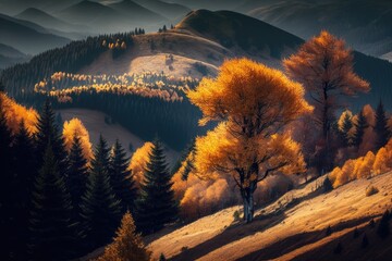 Stunning mountainous autumnal scene with golden trees fall in the Ukrainian Carpathians is stunning. Generative AI