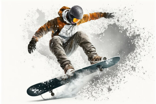 illustration painting of a snowboarding on white background. The snowboarder man doing a trick. Carving. digital illustration (ai generated)