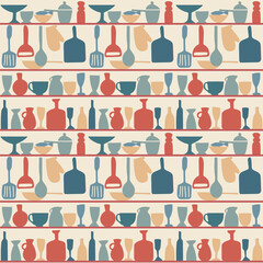 Vintage illustration of kitchen tools and equipment in retro colors, repeated pattern