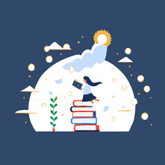 Young Girl Reading, Learning, Dreaming in Moonlight colorful Vector Illustration
