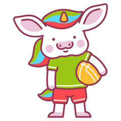 Cute baby unicorn with basketball ball vector cartoon character isolated on a white background.