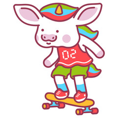 Cute baby unicorn on skateboard vector cartoon character isolated on a white background.