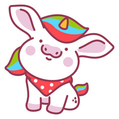 Cute baby unicorn in red shawl vector cartoon character isolated on a white background.