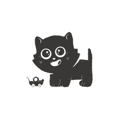 Cute black cat with mouse toy vector cartoon character isolated on a white background.