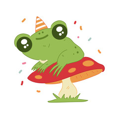 Cute little frog on mushroom vector cartoon illustration isolated on a white background.