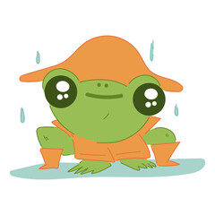 Cute little frog under rain vector cartoon illustration isolated on a white background.